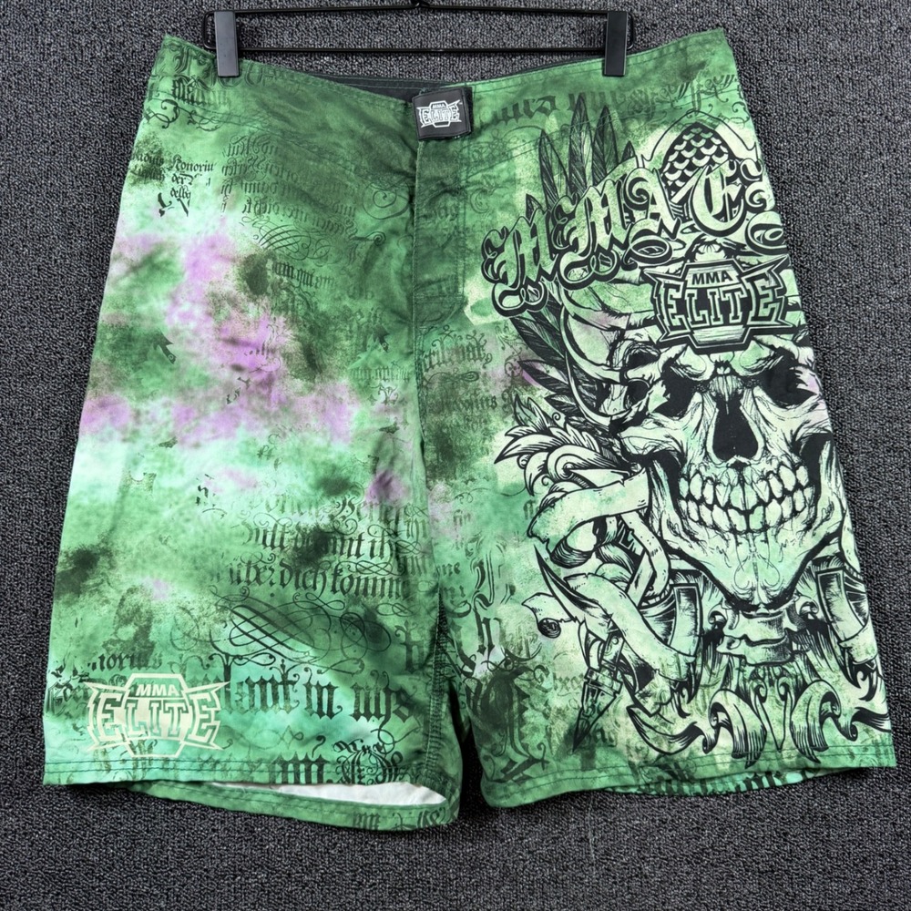 MMA Elite Men's Large Board Shorts Green Purple Skull Graphic Tie Dye Y2K Tribal